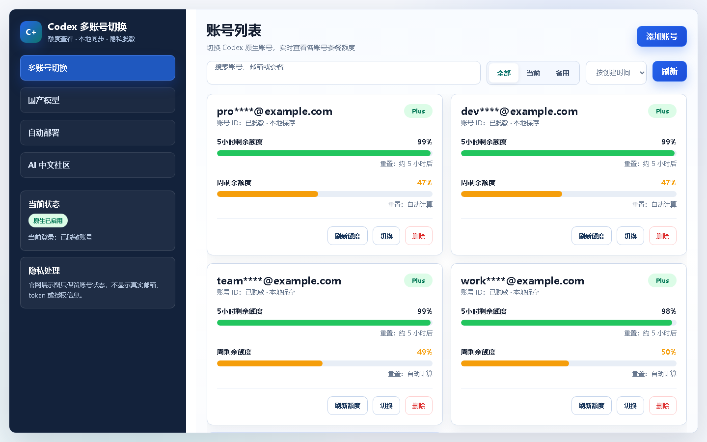 多账号切换和额度查看界面，邮箱与账号信息已脱敏